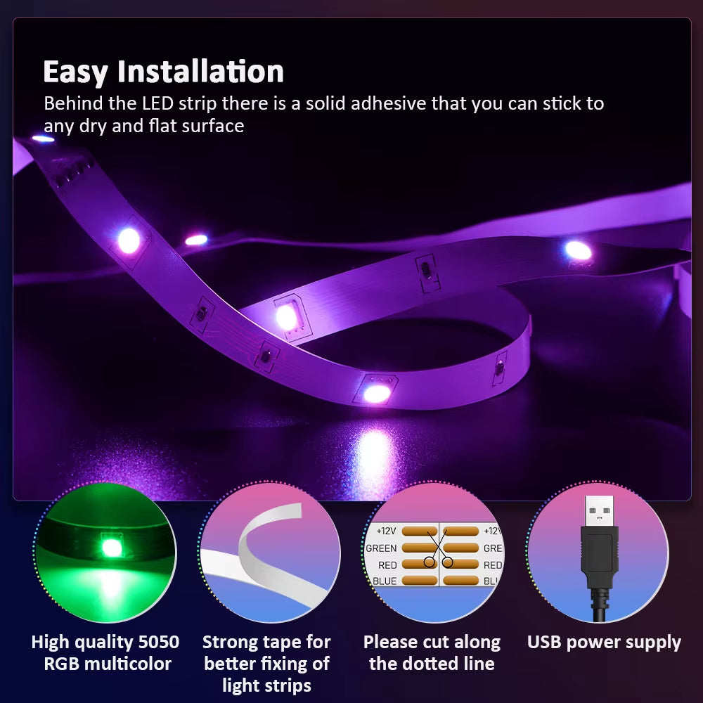 Colorrgb 5050 Led Strip Light Bluetooth App 5V USB Led Tape Flexible Ribbon Diode Tape for TV Backlight 16Millon Colors